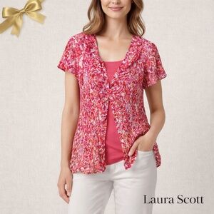 Laura Scott Ruffled Vneck Blouse Accordion Pleats Size L Pink Red